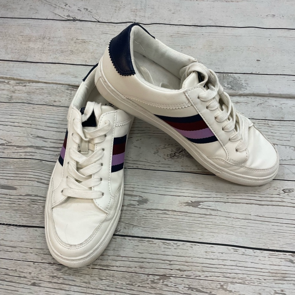 J Crew white leather sneakers purple blue stripes on the sides size 7.5